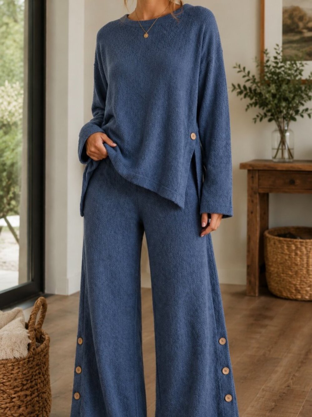 Free People Free-Est Blue Cotton Knit Pant and Sweater Set - Size Large - NWOT